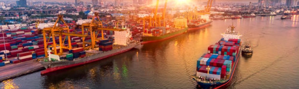 Logistics and transportation of Container Cargo ship and Cargo plane with working crane bridge in shipyard at sunset, logistic import export and transport industry background