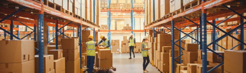 Retail Warehouse full of Shelves with Goods in Cardboard Boxes, Workers Scan and Sort Packages, Move Inventory with Pallet Trucks and Forklifts. Product Distribution Delivery Center.