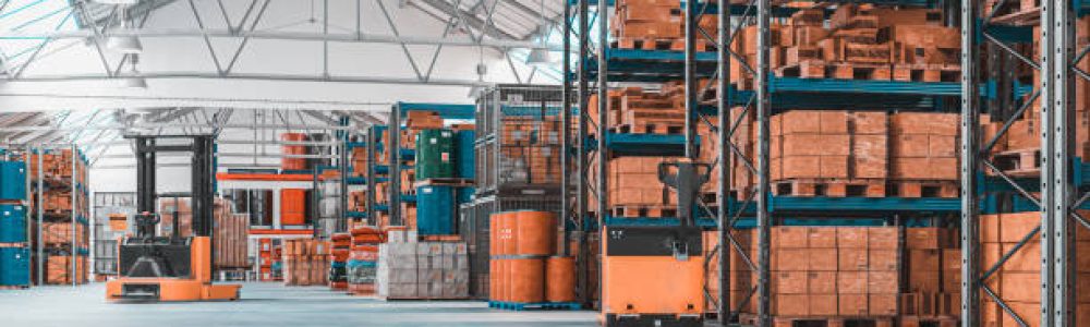 concrete storage warehouse with pallets and shelves full of goods. logistics, manufacturing, shipping and service industries. Nobody around. Horizontal format. 3d render image