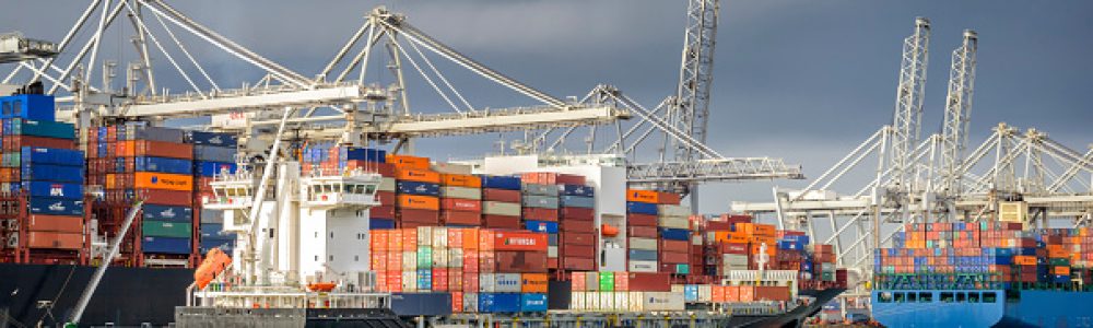 Cargo ships with shipping containers at a container terminal in port.